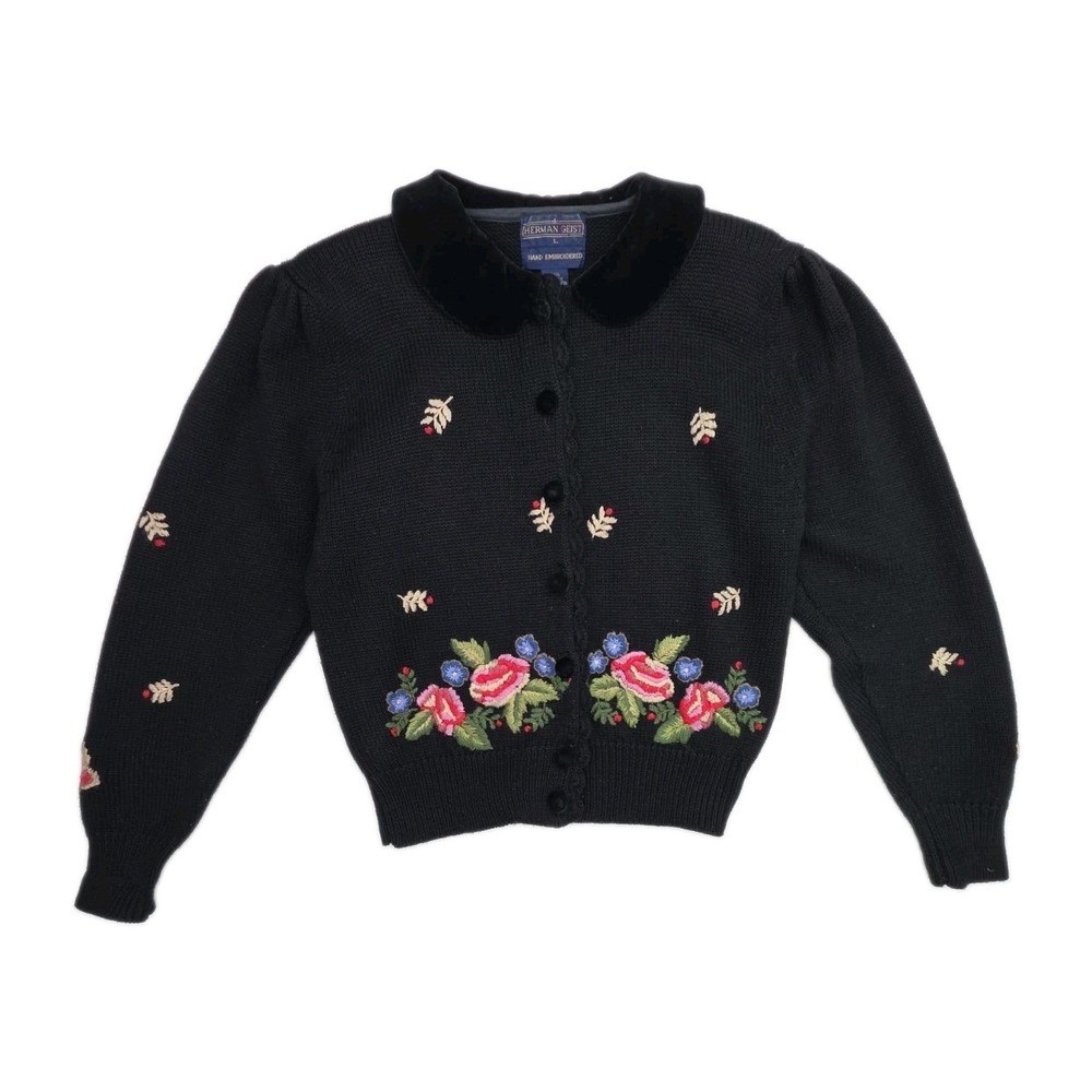 Vtg Hand Embroidered Velvet Collar Cardigan Sweater Floral Herman Geist Size L